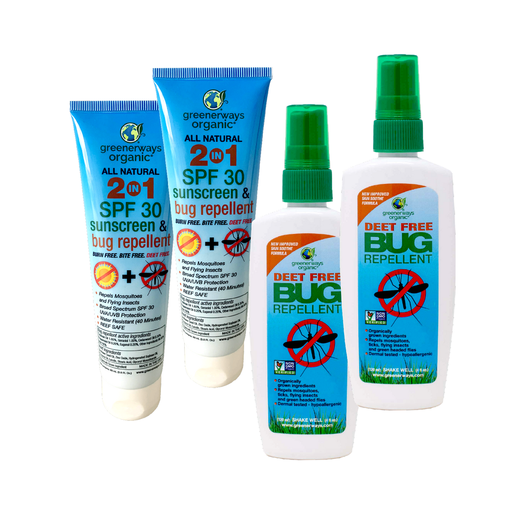 Greenerways Organic Vacationer 4 Pack, 2-in-1 SFP 30 Sunscreen & Bug Repellents & DEET FREE Bug Repellents