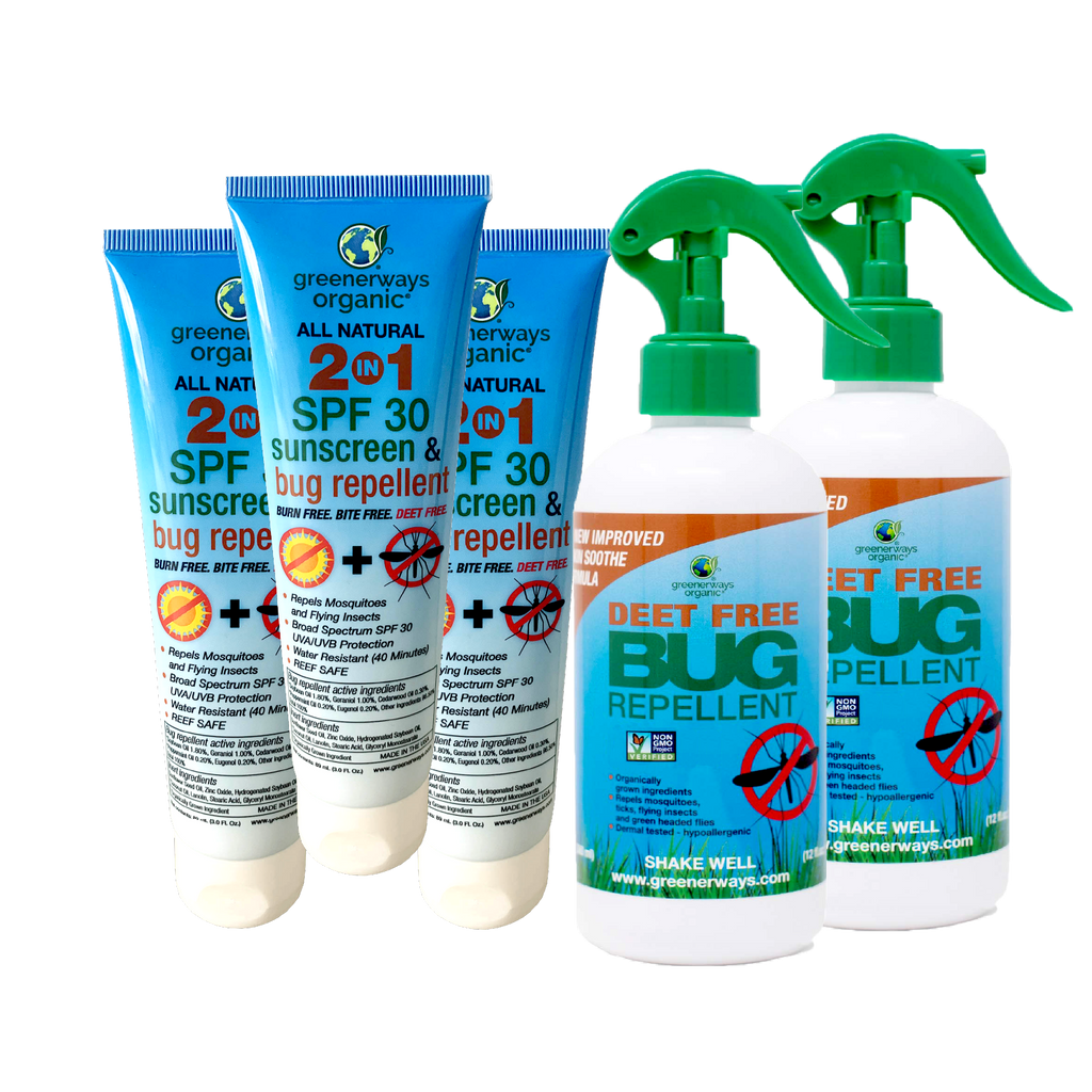 Greenerways Organic Outdoor Adventure 5 Pack, 2-in-1 SFP 30 Sunscreen & Bug Repellents & DEET FREE Bug Repellents