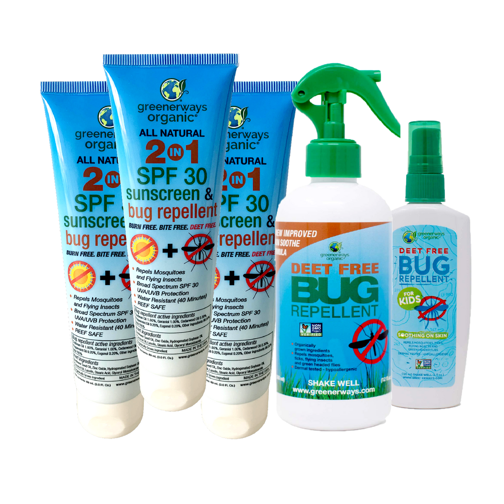 Greenerways Organic Family Adventure 5 Pack, 2-in-1 SFP 30 Sunscreen & Bug Repellents & DEET FREE Kids Bug Repellents